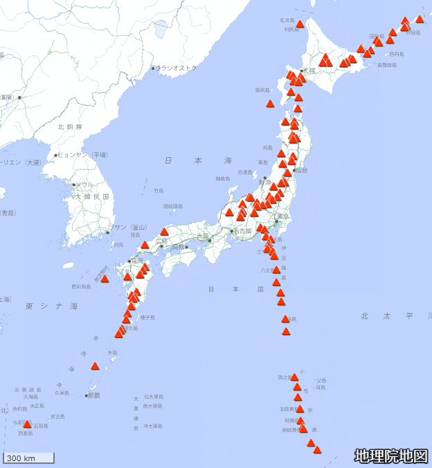 全国にある活火山のマップ